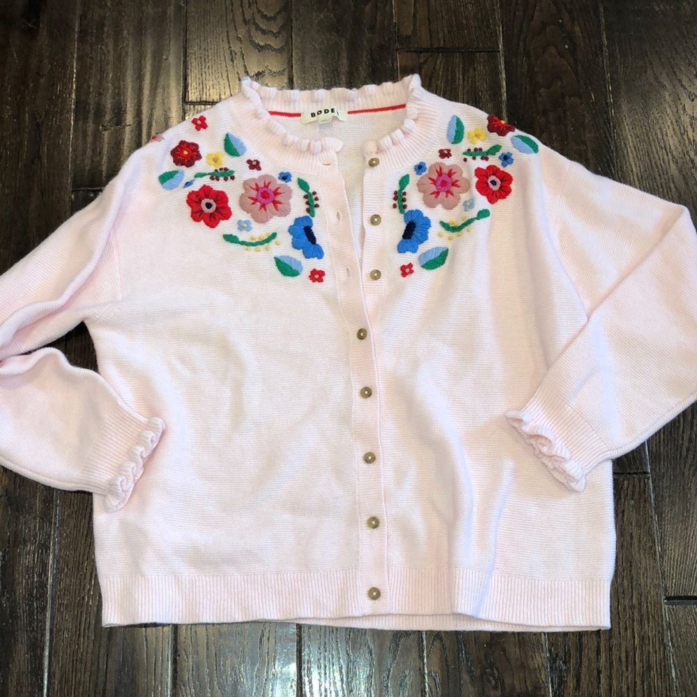 BODEN embroidered frill knit sweater cardigan blooming pink size large - Picture 4 of 16